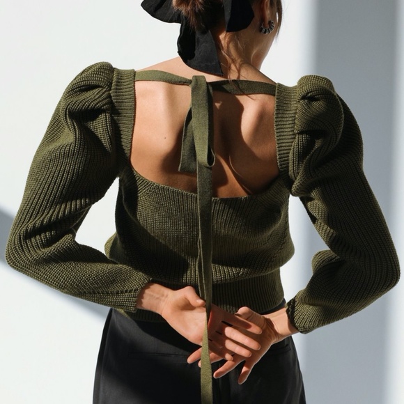 Anna OctoberPuffed Sleeve Square Neck Wool Blend SweaterGreen4